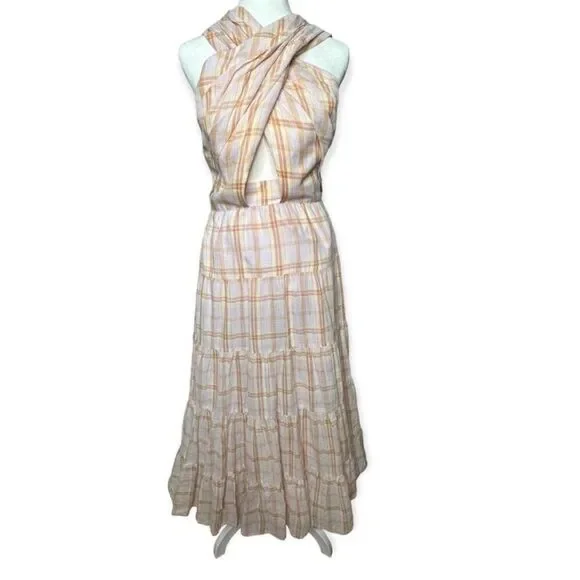 ULLA JOHNSON Noelle Crossover Halter Back-Tie Midi Plaid Dress NEW Sz. 4 - Picture 3 of 10